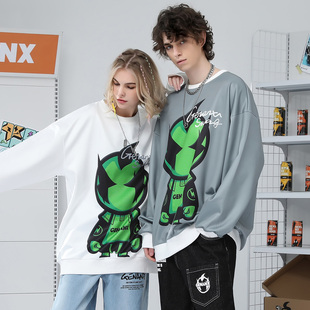 GNEANX闪电潮牌太空棉卫衣男荧光绿卡通印花休闲秋季新款长袖上衣