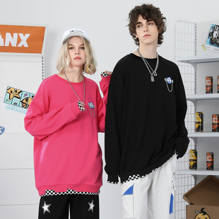 GENANX闪电潮牌情侣卫衣棋盘格叠穿拼接下摆背面印花长袖 上衣22FW