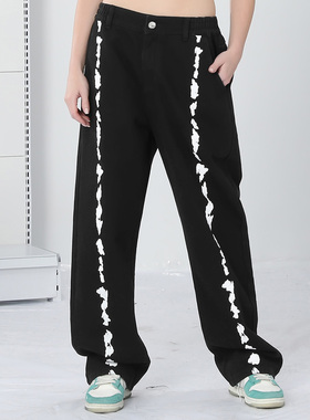 GENANX闪电潮牌牛仔裤黑色高街涂鸦字母泼墨印花水洗直筒秋冬长裤