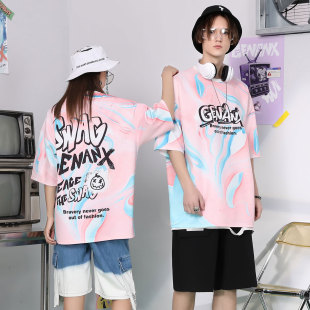 宽松短袖 GENANX闪电潮牌t恤男潮粉蓝渐变色水彩印花2021夏季 新款