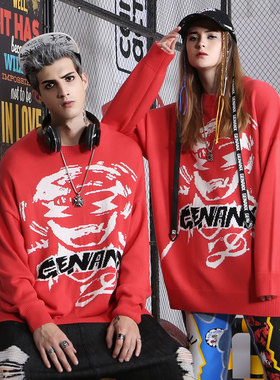 GENANX闪电潮牌情侣款针织衫潮宽松圆领ins个性潮流红色毛衣男生