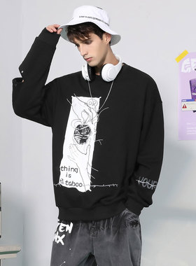 GENANX闪电潮牌黑色长袖打底上衣男圆领个性涂鸦印花国潮套头卫衣