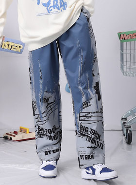 bt春秋季趣味刷漆字母印花抽绳宽松直筒休闲裤男女同款灰蓝色情侣