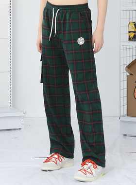 GENANX闪电潮牌绿色棋盘格裤子侧贴袋街头风直筒宽松高街休闲裤男