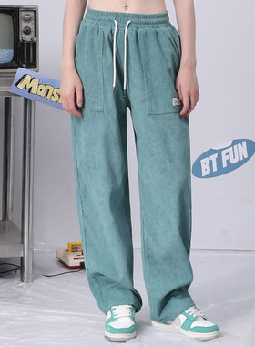 bt春秋季纯色涂鸦绣花宽松直筒灯芯绒休闲裤长裤子男女同款绿色