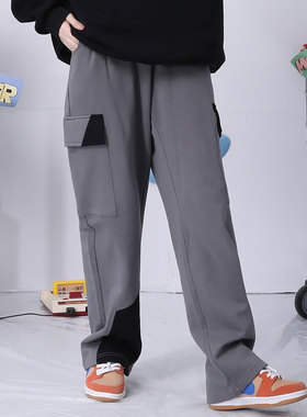 bt春撞色字母拼接印花多口袋纯棉宽松直筒休闲运动裤男女同款灰色