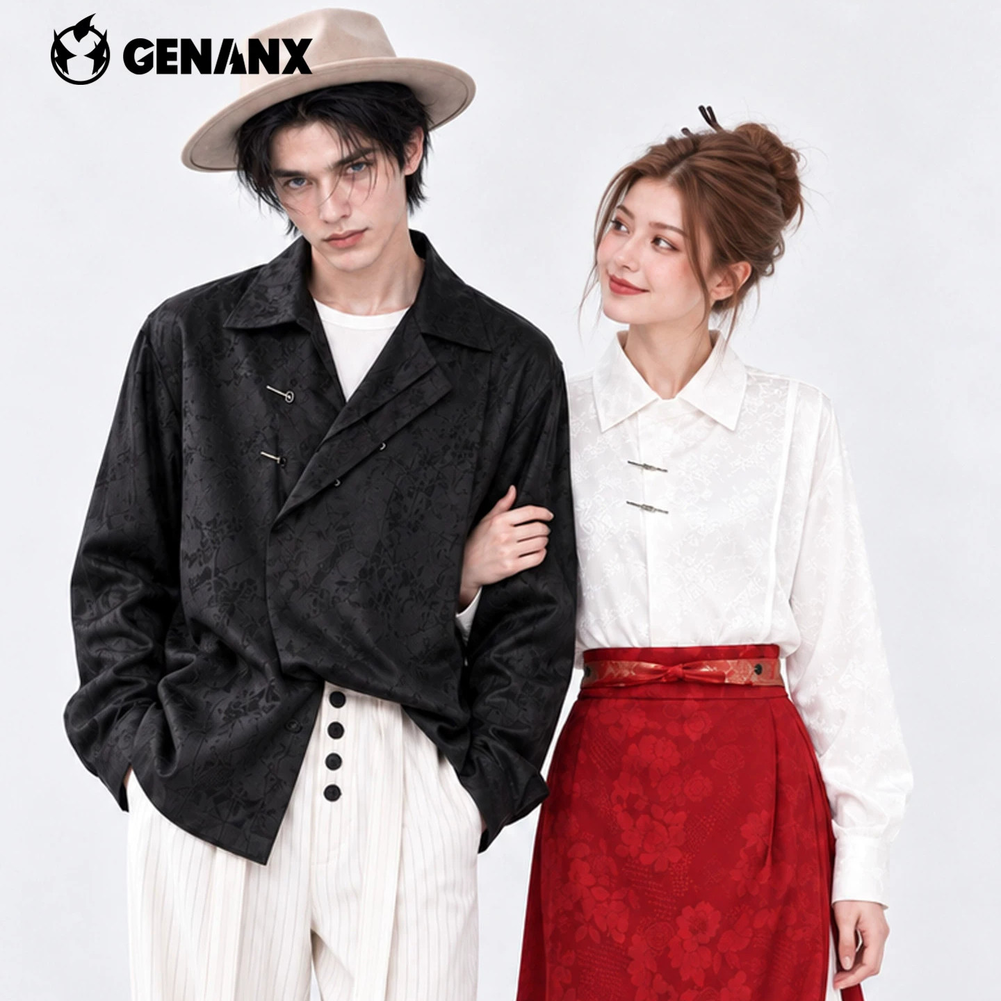 GENANX新中式暗纹提花衬衫2026秋季新款男女同款国风衬衣女情侣装