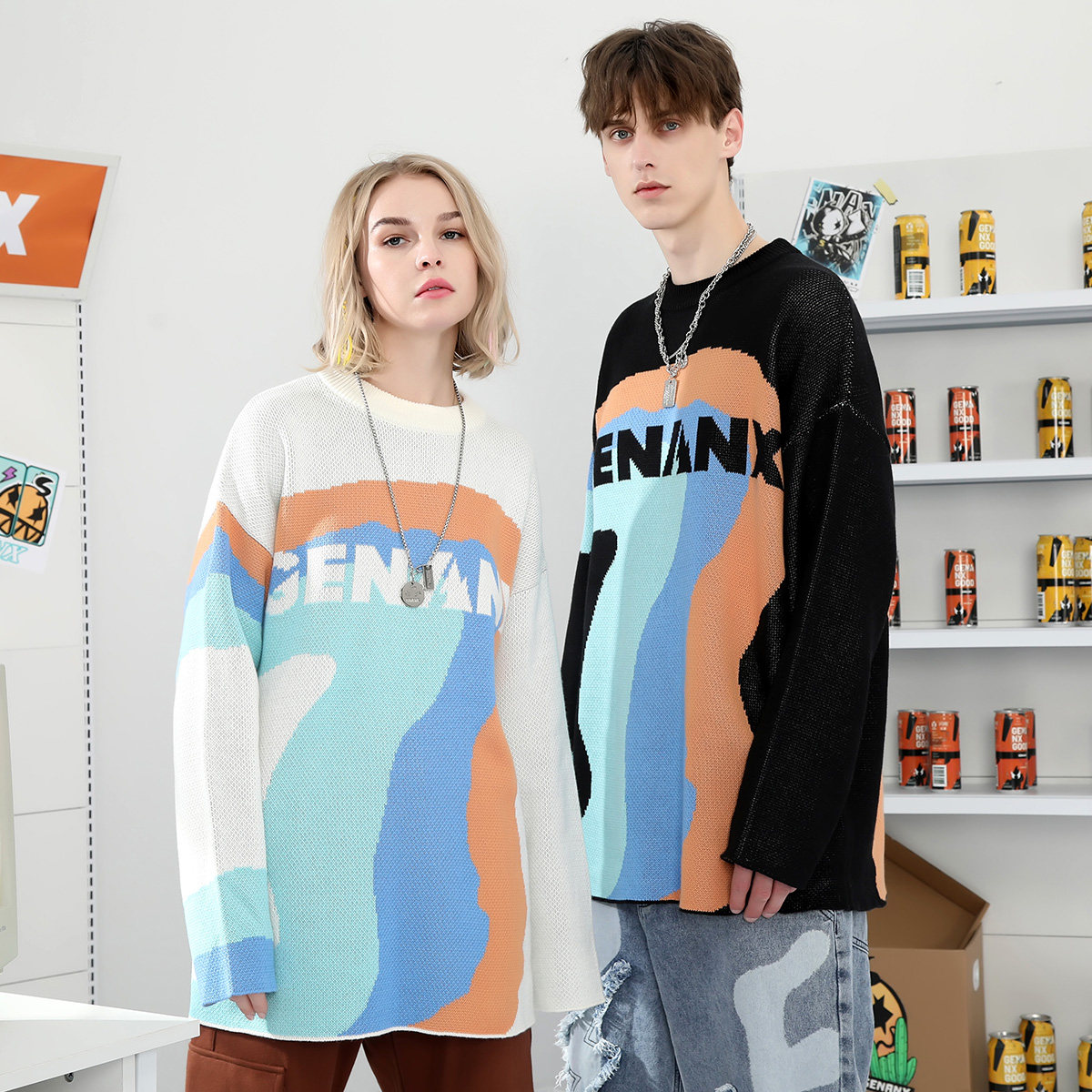 GENANX闪电潮牌圆领毛衣男22秋冬撞色提花宽松落肩袖情侣款针织衫