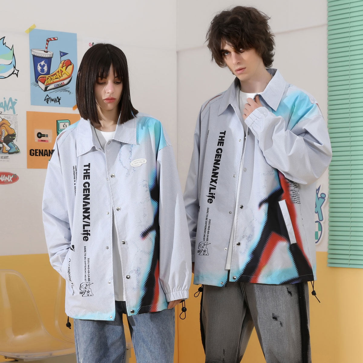 GENANX闪电潮牌秋季新款夹克外套男宽松印花休闲情侣外套个性男女