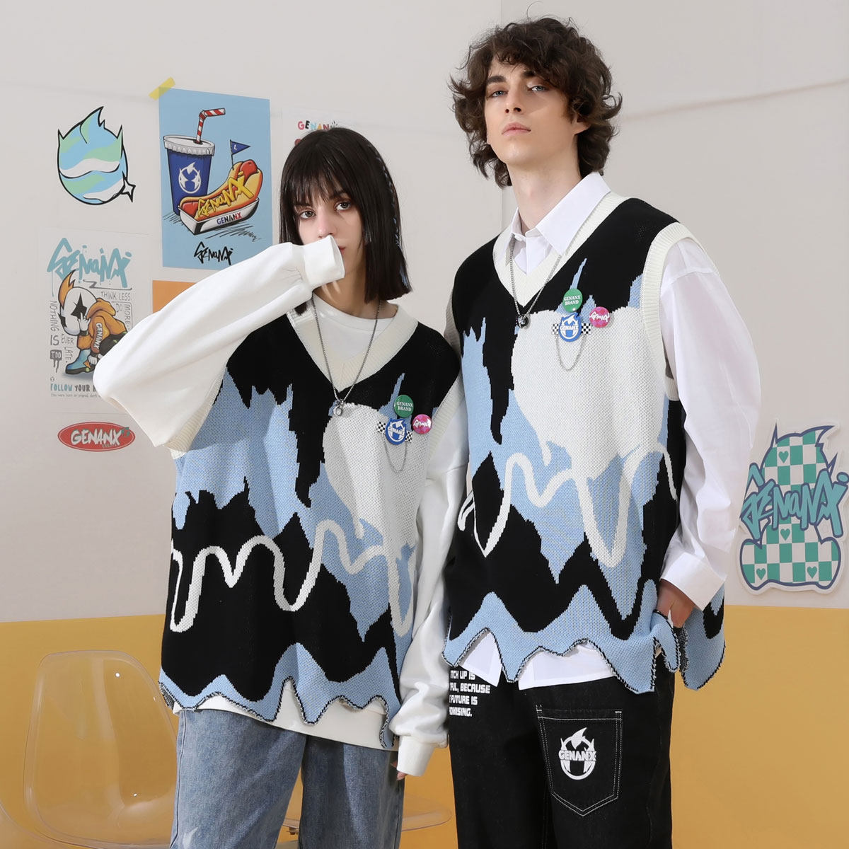 GENANX闪电潮牌武艺同款针织毛衣男女秋冬新款季背心衬衫叠穿马甲