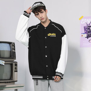 GENANX闪电潮牌棒球领夹克男Vibe风高街撞色拼袖 国潮印花情侣外套