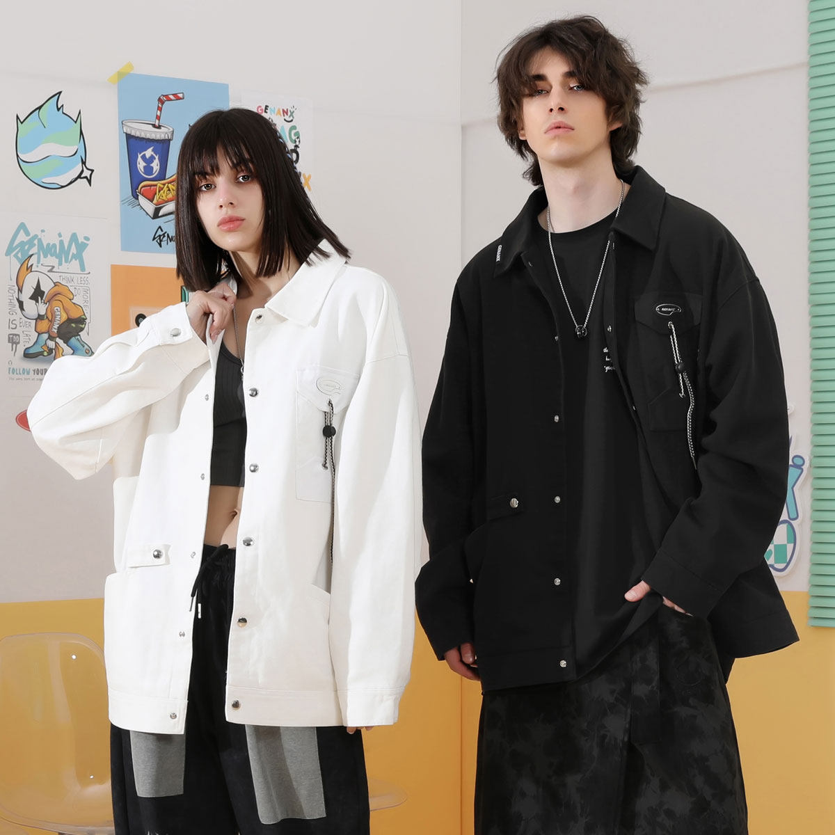 GENANX闪电潮牌翻领宽松男士休闲夹克外套女高级感黑白色秋冬新款
