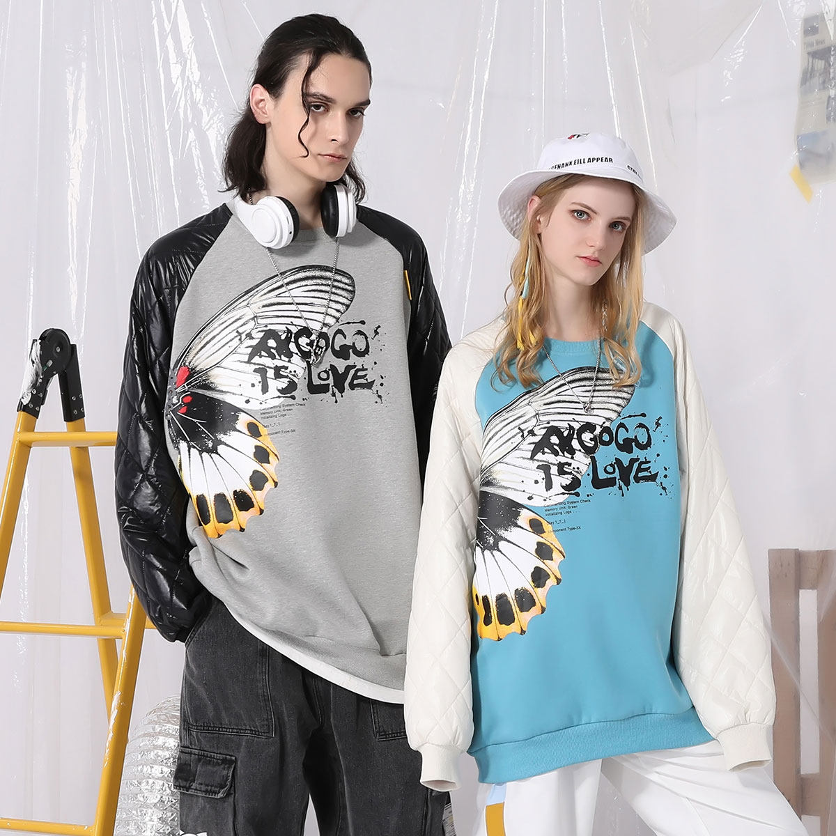 XXGOGO春秋季字母蝴蝶画菱形绗缝皮纹压花袖圆领宽松卫衣男女同款