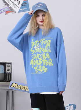 bt秋冬季简约风字母提花圆领宽松毛衣男女同款保暖情侣针织衫蓝色