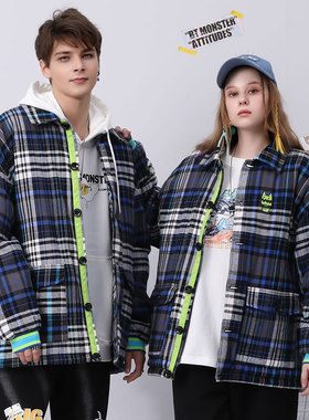 bt冬撞色拼接卡通涂鸦格纹印花落肩袖字母格子翻领宽松棉服衣男女