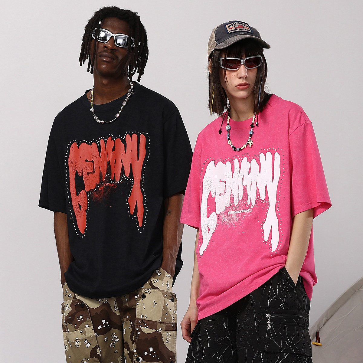 GENANX闪电潮牌夏季男新款情侣短袖英文字母印花烫钻T恤李康同款