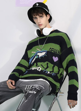 GENANX闪电潮牌套头圆领毛衣黑绿色百搭条纹提花新款男士针织衫