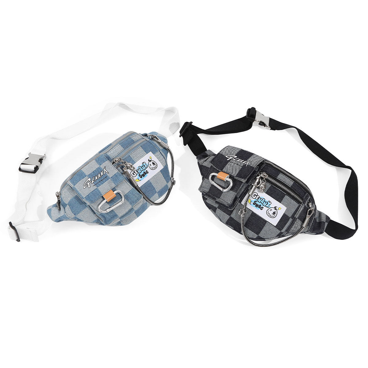 GENANX闪电潮牌牛仔斜挎腰包潮格纹可拆挂饰多口袋可调节男士包带