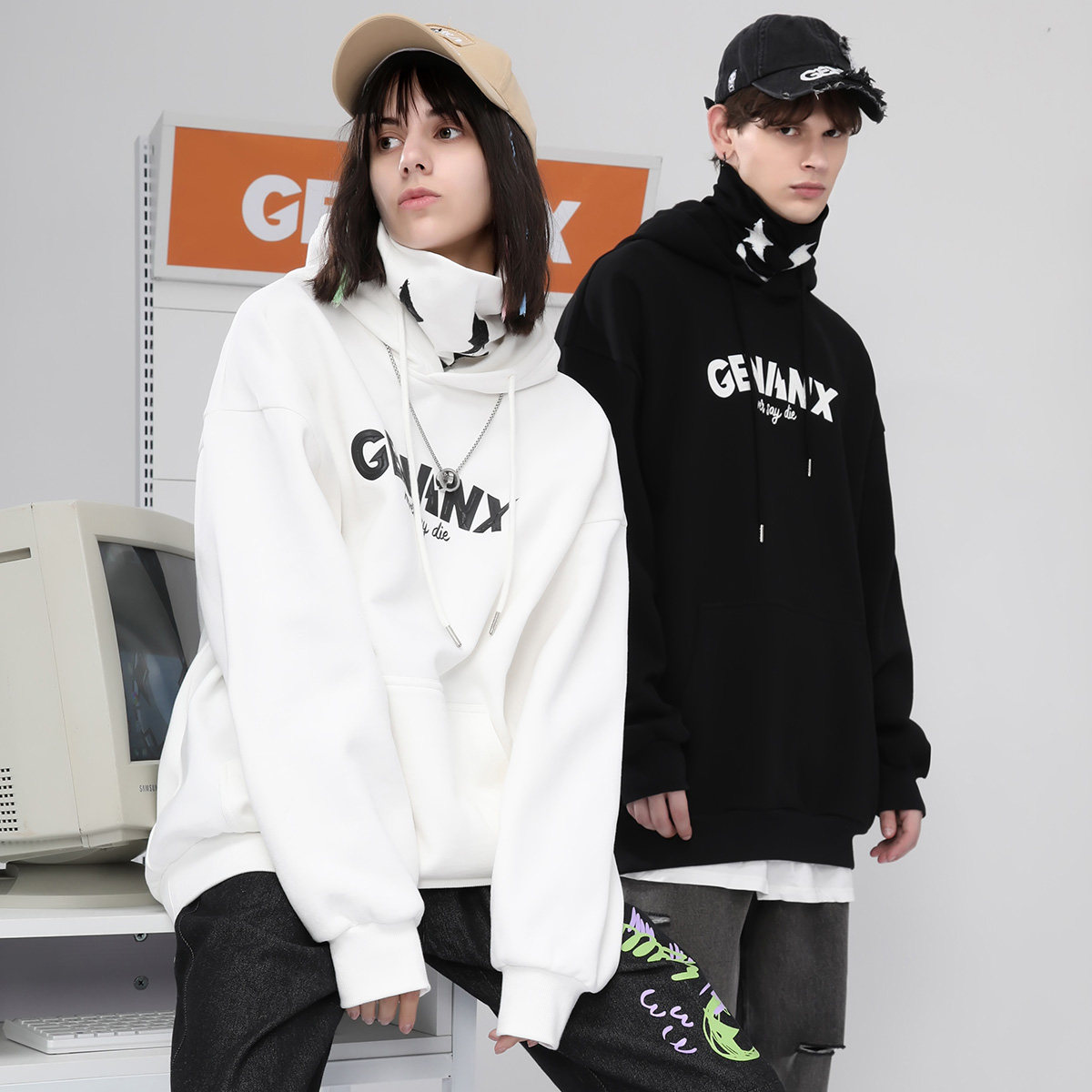 GENANX闪电潮牌假两件高领重磅硬挺连帽卫衣男女秋冬张泽禹同款