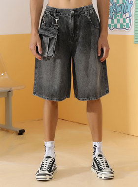 GENANX闪电潮牌夏季新款多口袋休闲黑灰色水洗宽松五分牛仔短裤男