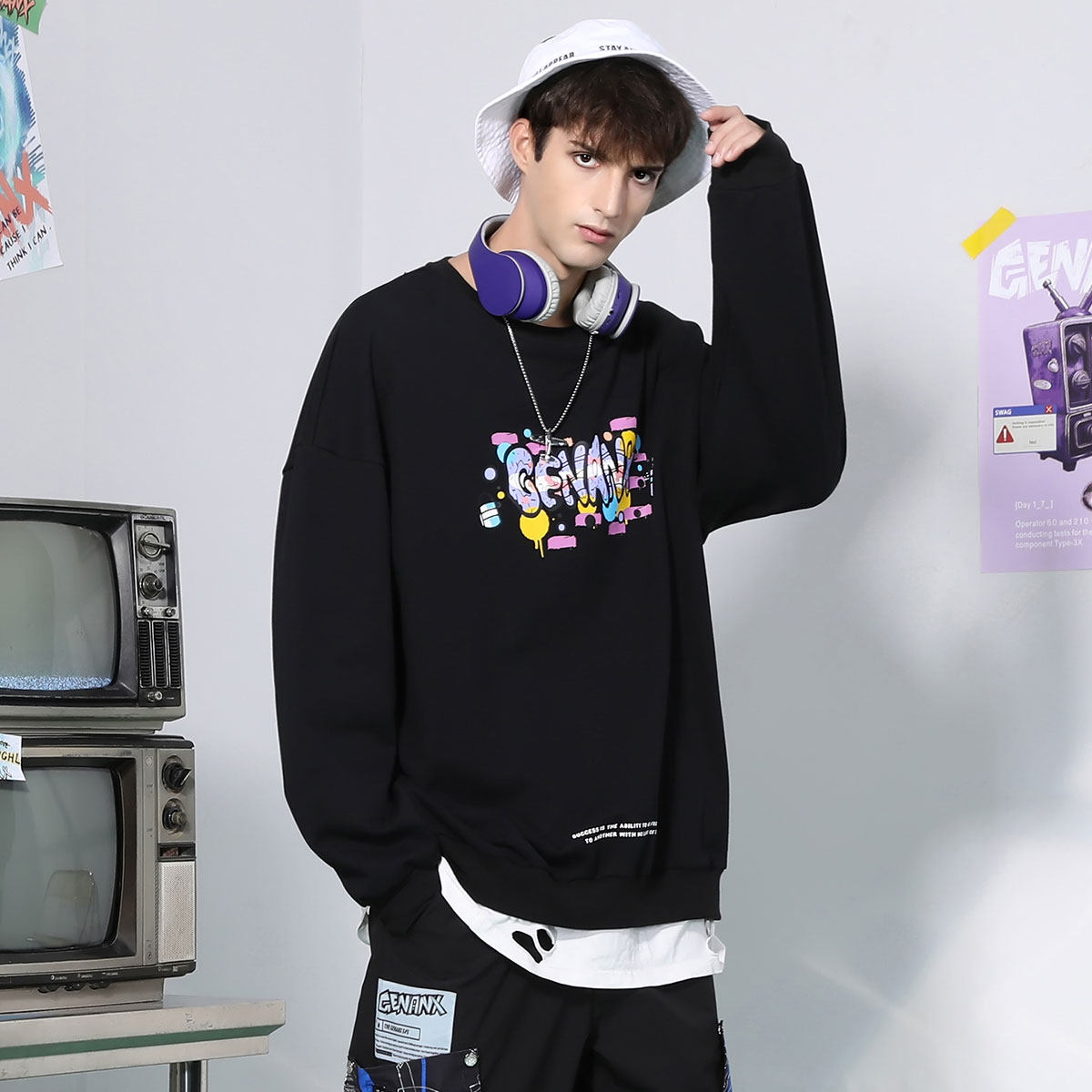 GENANX闪电潮牌纯棉圆领卫衣简约风糖果色印花宽松百搭打底上衣男