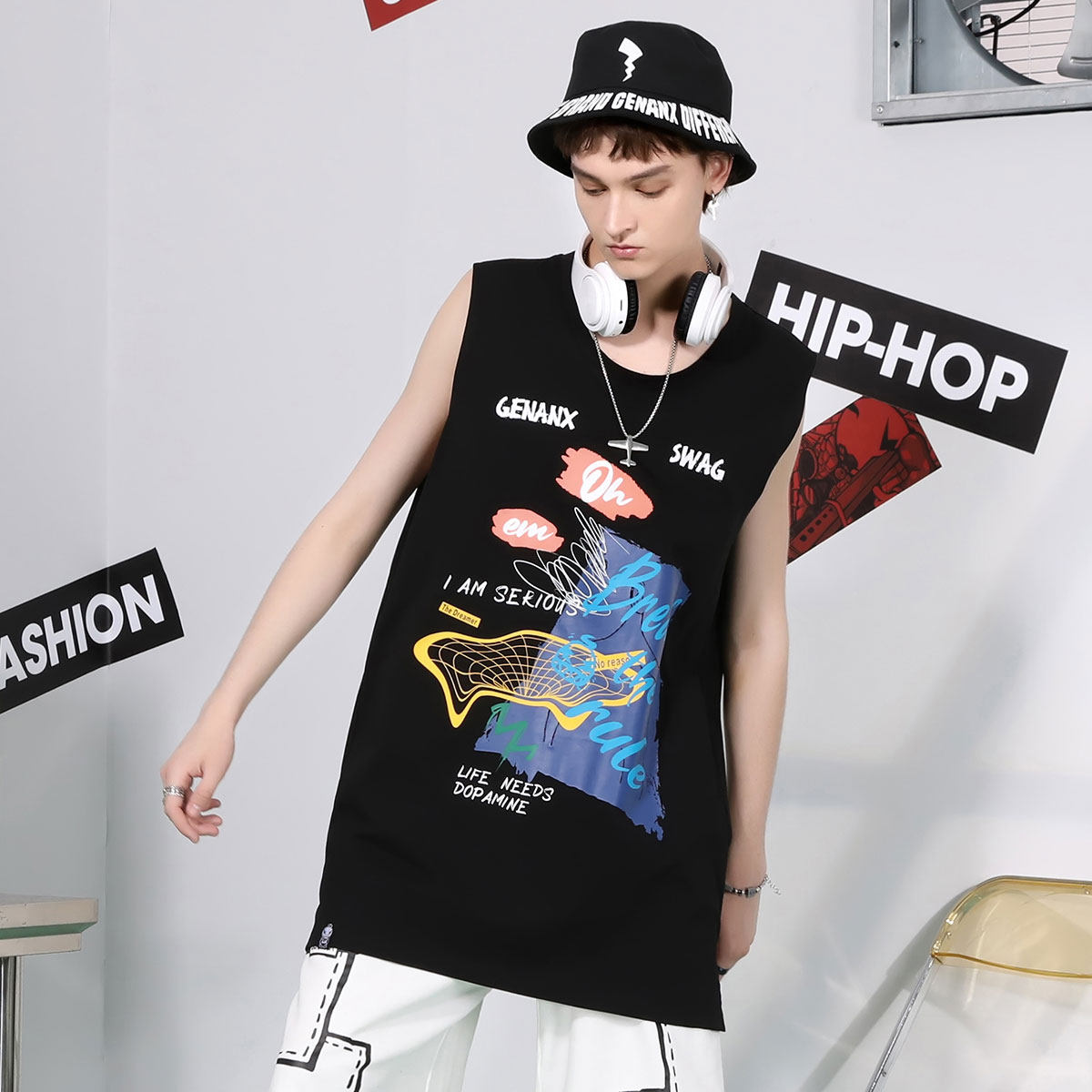 GENANX闪电潮牌无袖t恤纯棉宽松嘻哈街头印花潮流内搭背心男夏季
