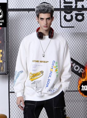 GENANX简约嘻哈卡通印花加绒套头圆领宽松卫衣冬季男女同款白色
