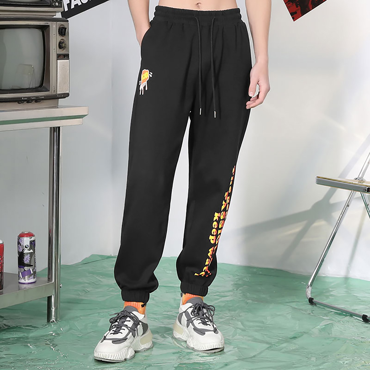 GENANX潮牌卫裤男抽绳松紧腰春款纯棉印花宽松休闲束脚运动裤男潮