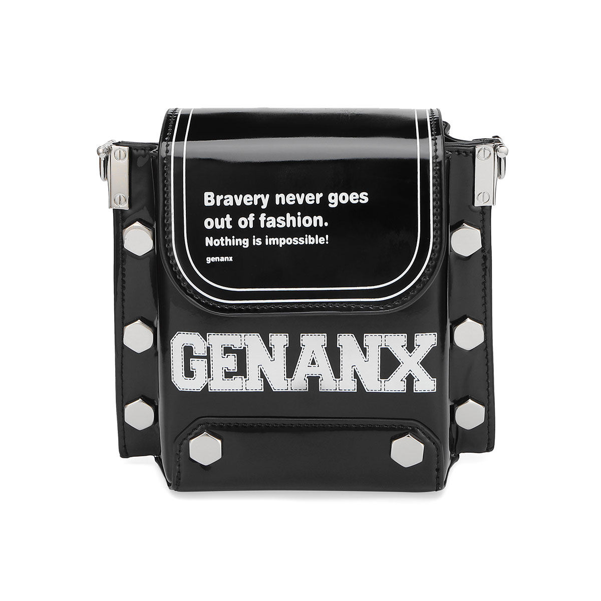 GENANX闪电潮牌黑色斜挎包六边形铆钉字母印花可拆肩带搭扣方形包