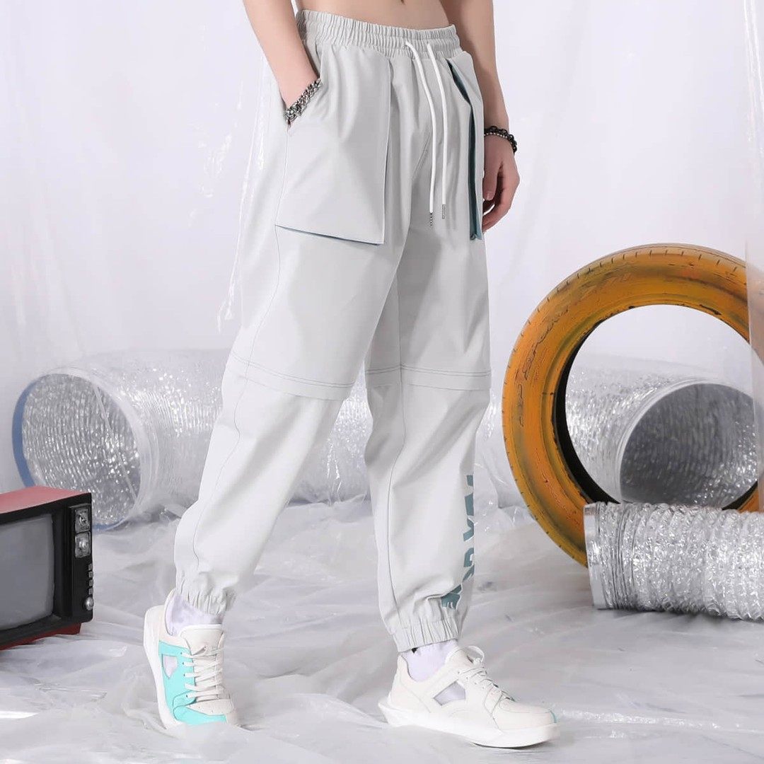 TVX春秋季纯色松紧带抽绳运动休闲裤男女同款浅灰色系带长裤