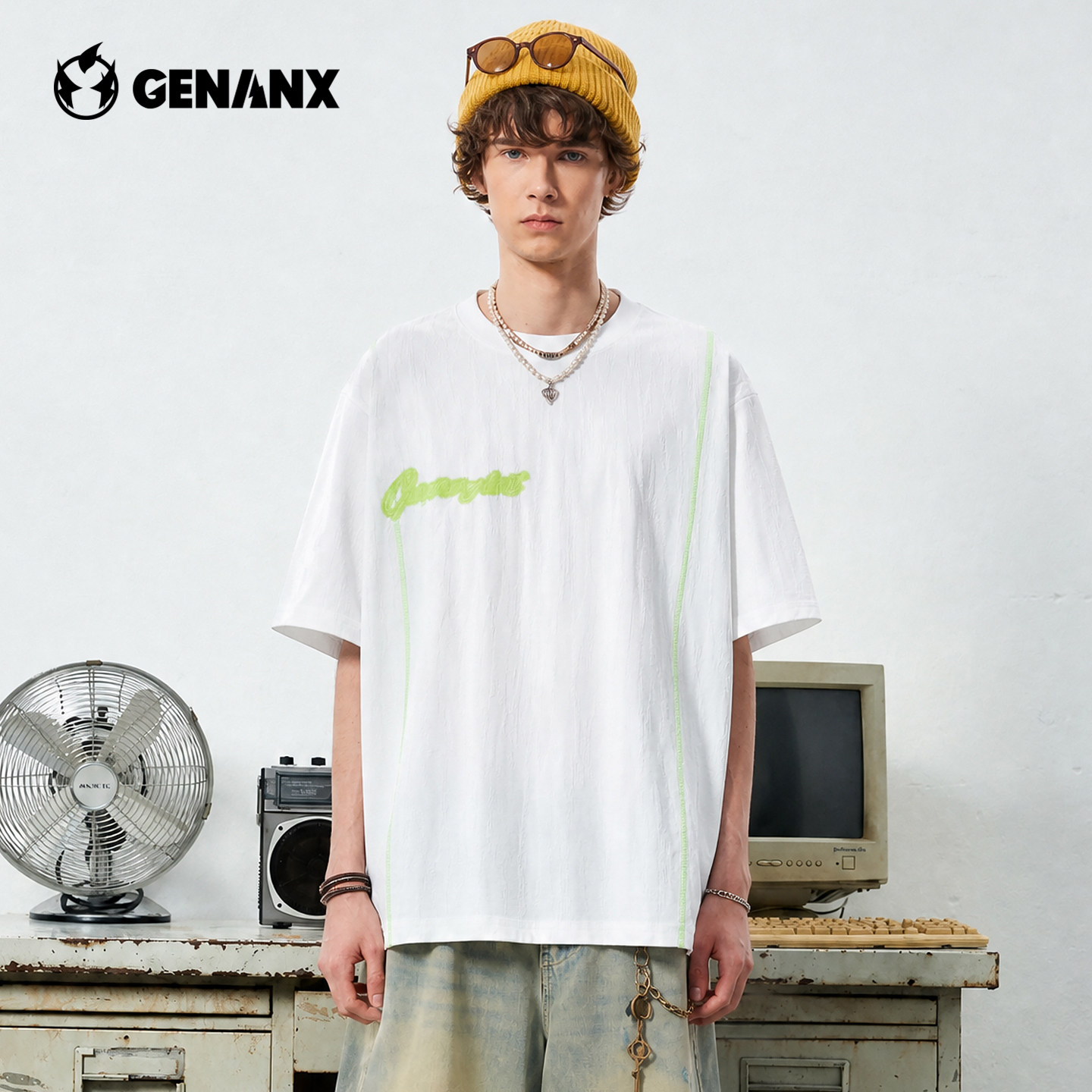GENANX闪电潮牌荧光绿撞色线条短袖肌理褶皱宽松美式简约字母T恤