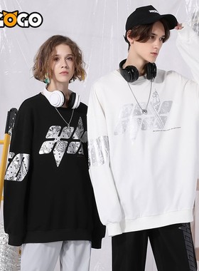 XXGOGO春秋季腰果花图案印花落肩袖圆领宽松纯棉卫衣男女同款情侣