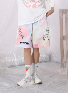 XXGOGO夏季新款渐变拼色猫咪印花宽松系带休闲短裤男女同款情侣装