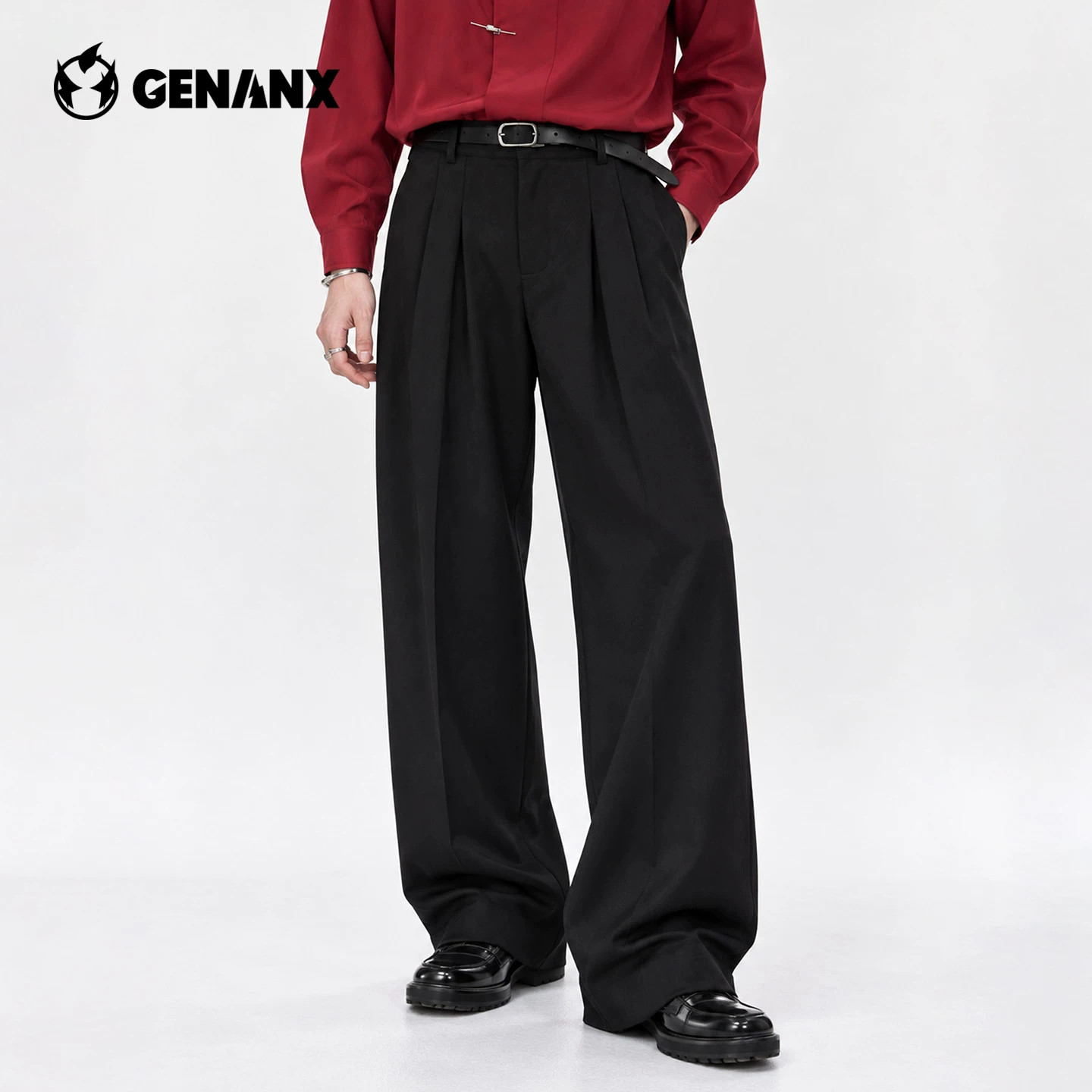 GENANX闪电潮牌休闲裤男2026秋季新款复古学院风极简垂感阔腿西裤