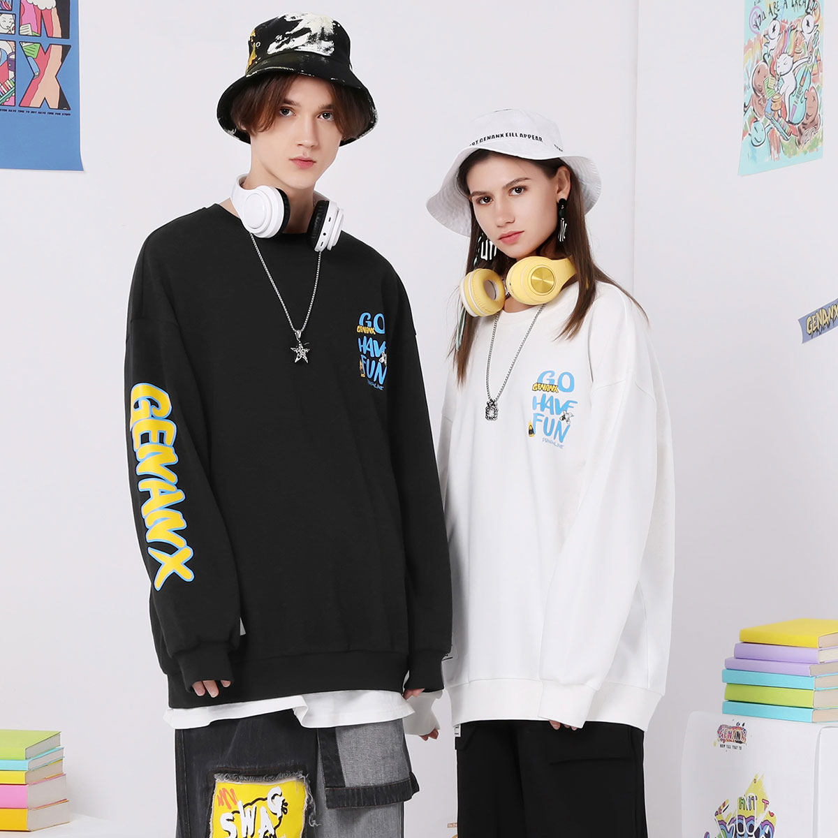 【彩虹骷髅联名款】GENANX圆领上衣新款英文印花落肩宽松纯棉卫衣