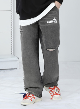 GENANX闪电潮牌春季新款阔腿牛仔裤黑灰色浅色宽松破洞牛仔裤男女