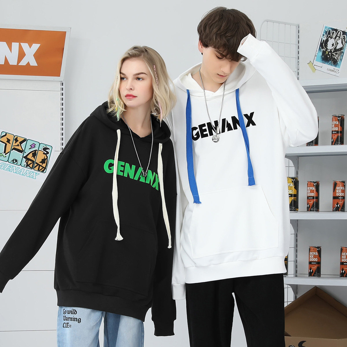 GENANX闪电潮牌长袖上衣植绒英文印花袋鼠兜抽绳连帽加绒卫衣男