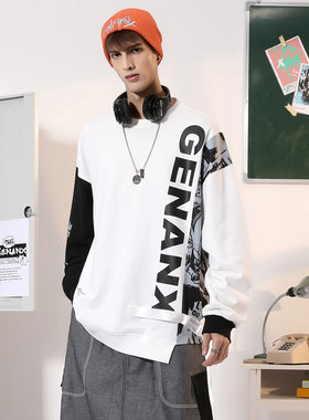 GENANX闪电潮牌白色纯棉卫衣宽松新款春季不规则拼色涂鸦男上衣