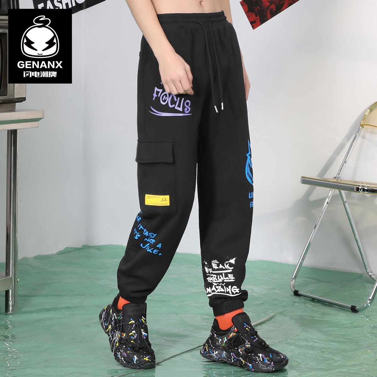 GENANX闪电潮牌运动裤男春季款宽松束脚修身潮流印花纯棉卫裤男生