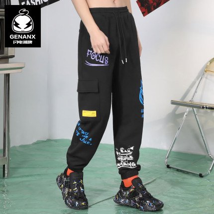 GENANX闪电潮牌运动裤男春季款宽松束脚修身潮流印花纯棉卫裤男生