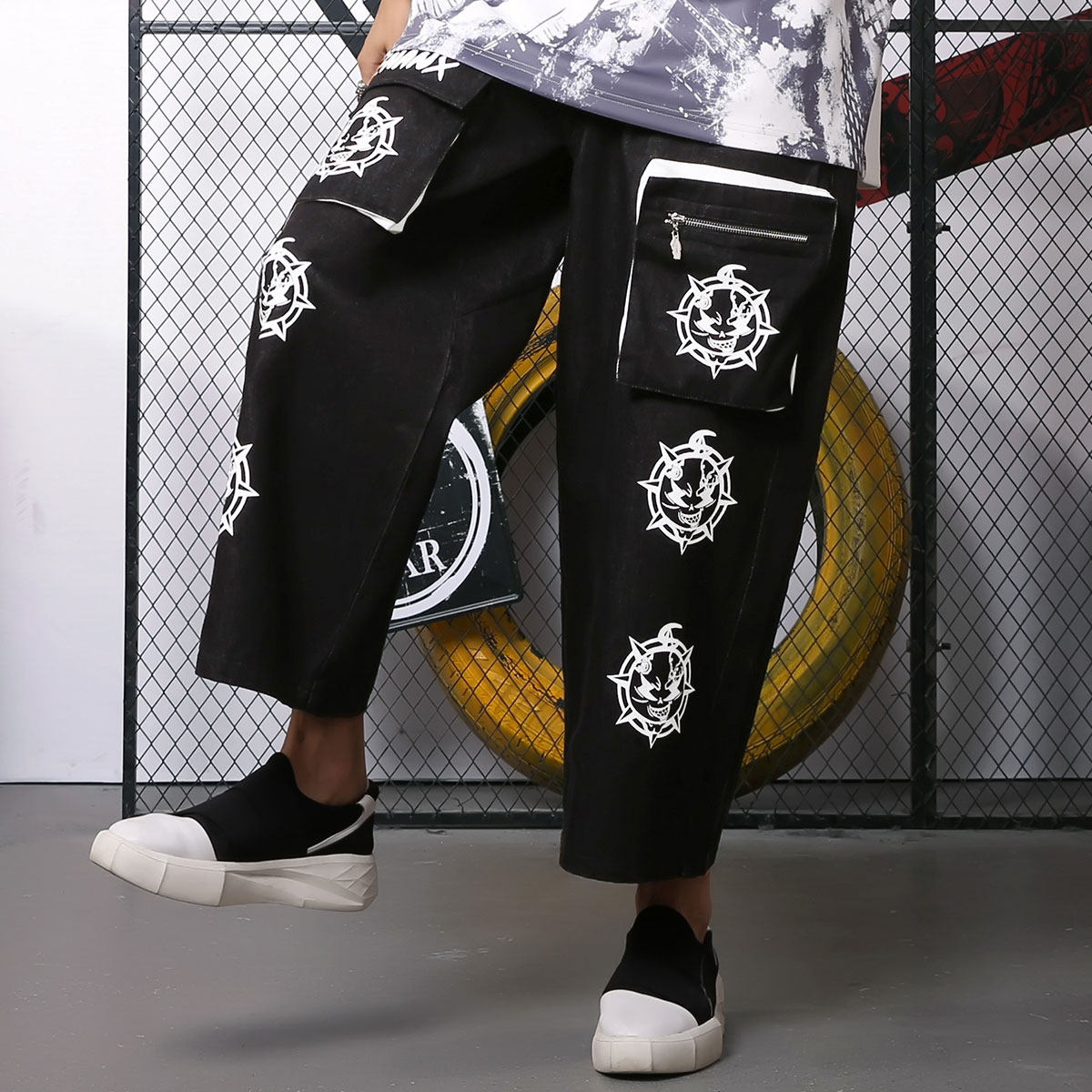 GENANX闪电潮牌牛仔裤男直筒宽松黑色帅气九分裤春季新款时尚学生