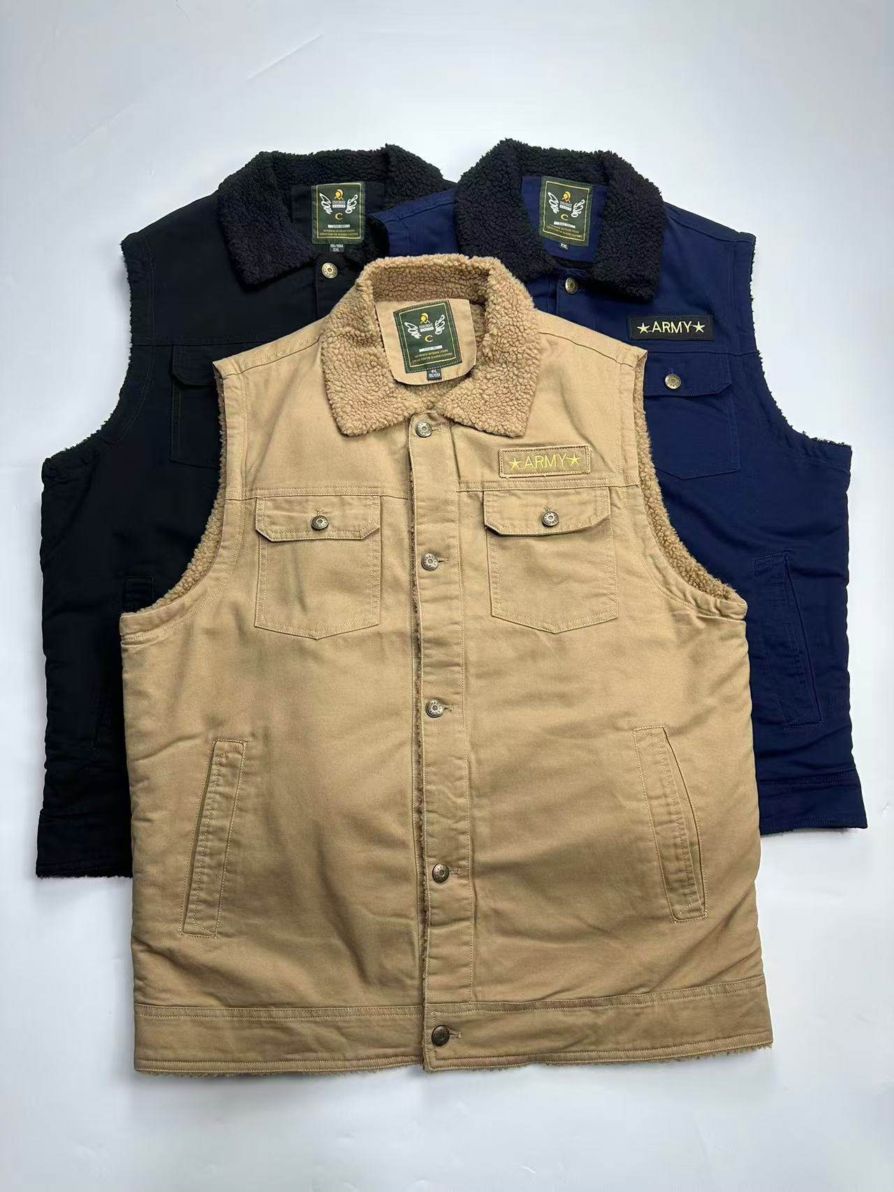 外贸男士秋冬加绒保暖翻领复古做旧多兜工装马甲宽松大码无袖坎肩