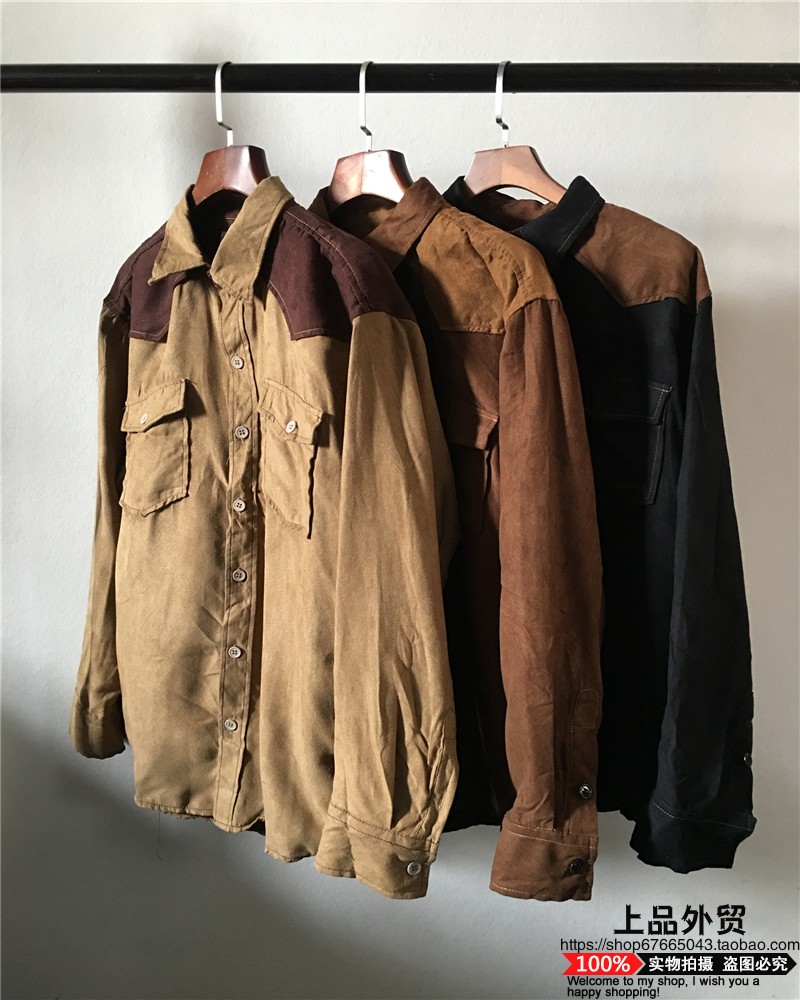 美式休闲男女西部牛仔大码麂皮绒长袖衬衫翻领复古拼色春秋款上衣