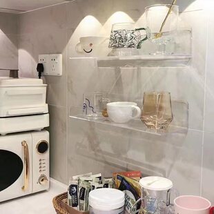 透明免打孔水杯亚克力架厨房龛隔板收纳置物架墙上悬壁挂式 卫生间