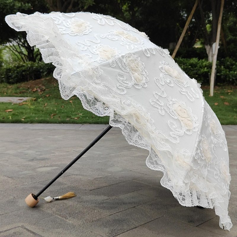 促韩版二折叠蕾丝立体花黑胶米白色防紫外线公主伞太阳伞遮阳晴库