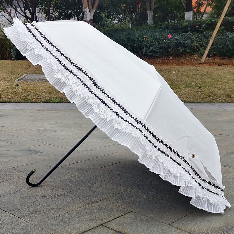 白色裙边小清新蕾丝太阳伞弯钩弯柄防紫外线防晒晴雨两用公主洋伞