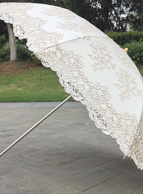 米色蕾丝刺绣花复古典奢华黑胶二折防紫外线防晒太阳伞晴雨伞洋伞