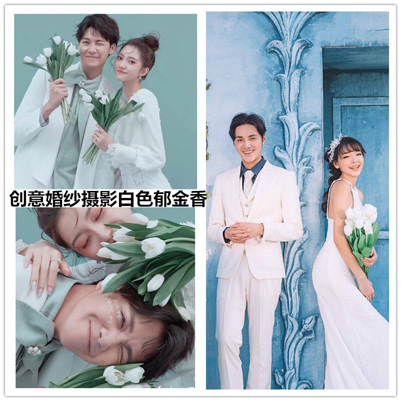 新款婚纱旅拍摄影道具白色郁金香影楼写真创意拍照单支仿真手捧花