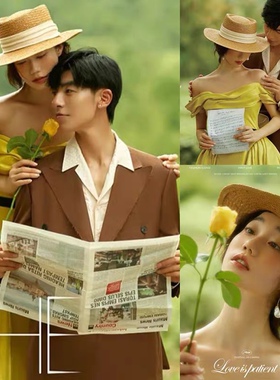 法式婚纱外景旅拍道具礼帽英伦复古报纸乐谱单支玫瑰手拿装饰帽子