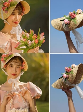 新款田园风婚纱摄影道具影楼外景拍照写真主题时尚创意粘花草帽
